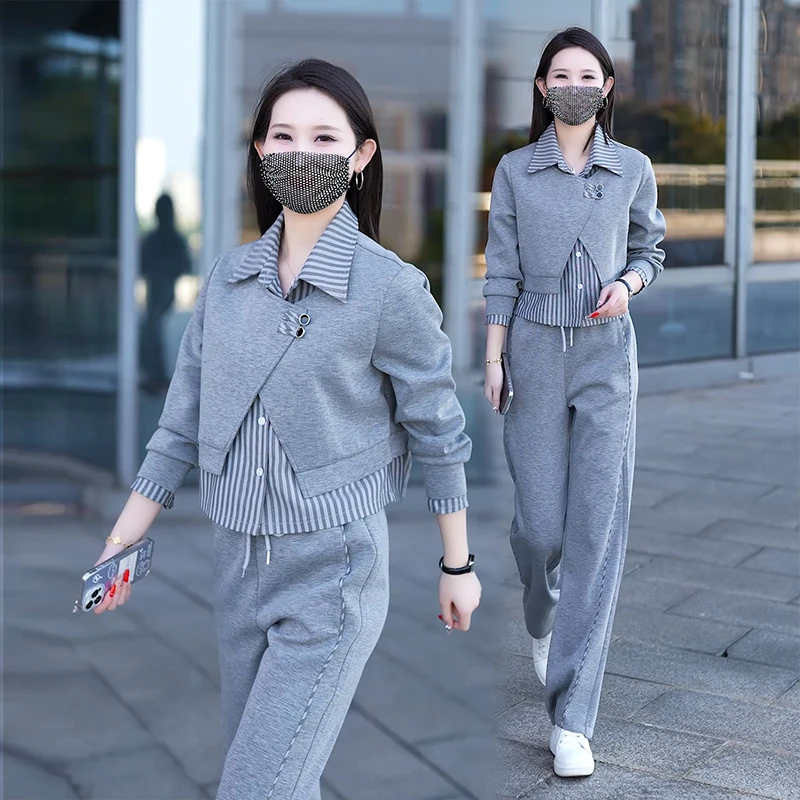 时尚休闲套装女2024秋季新款洋气格纹拼接假两件上衣阔腿裤两件套