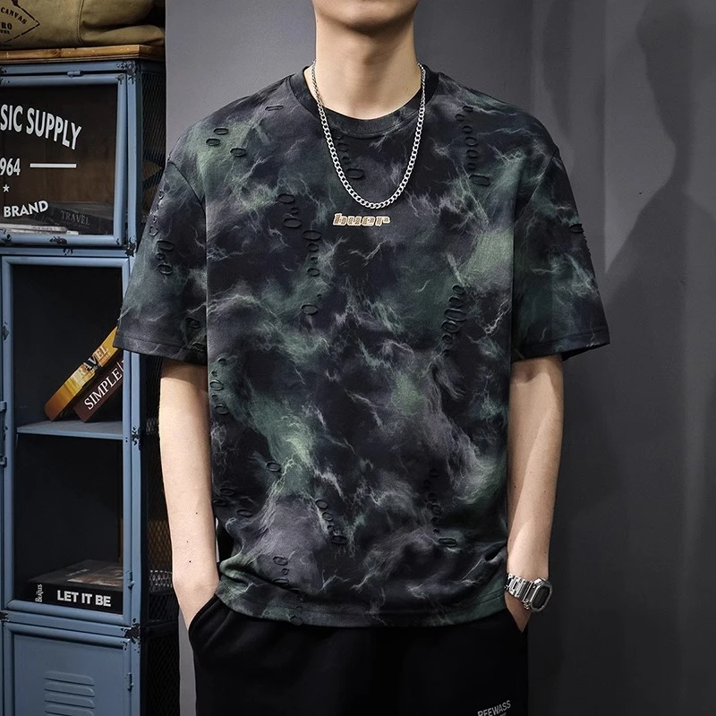 美式新款上衣潮牌薄款短袖T恤男宽松休闲夏季假破洞凉感半袖体恤