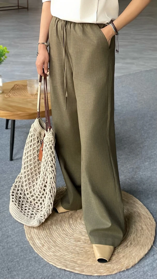 PAJANI/帕佳妮亚麻阔腿裤高腰夏季垂感裤复古直筒裤PMK018宽松