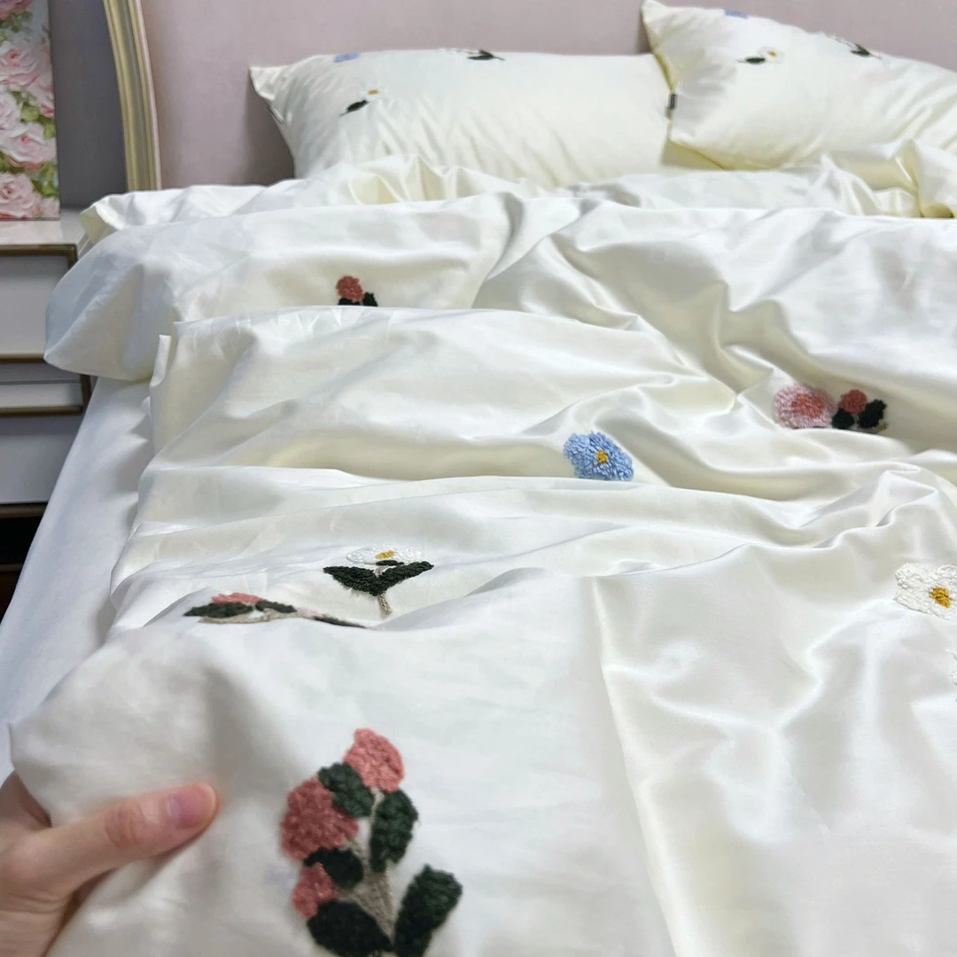 【织歆】100s长绒棉全棉贡缎纯色毛巾绣四件套高端裸睡床品