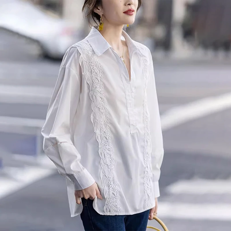 法式白色镂空女士衬衫2025早秋季新款大码宽松休闲显瘦简约上衣