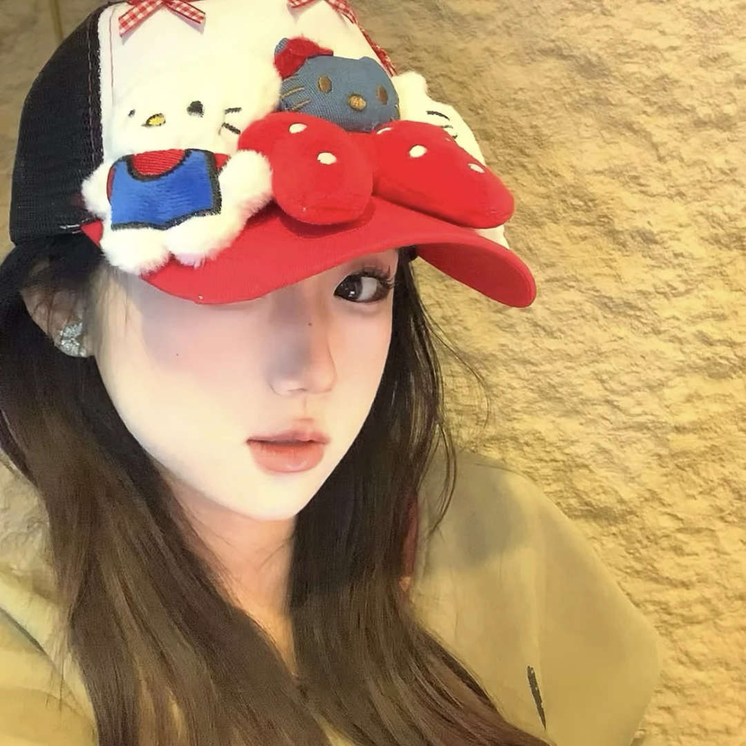 y2k夏日甜酷kitty玩偶拍照可爱棒球帽亚比辣妹千禧网帽遮阳鸭舌帽