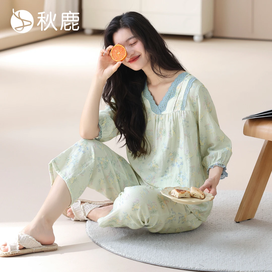 秋鹿双层纱睡衣女2025春夏季碎花七分袖家居服QHCP249D