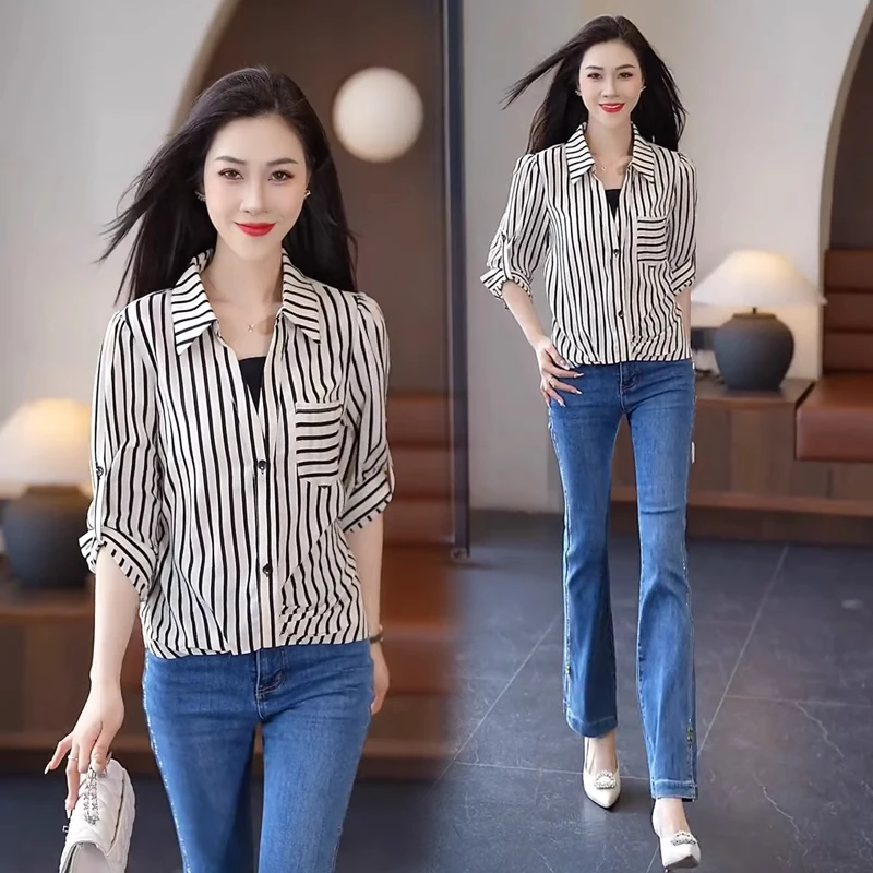 时尚洋气假两件条纹衬衫女春夏新款宽松遮肚子显瘦衬衣百搭上衣潮