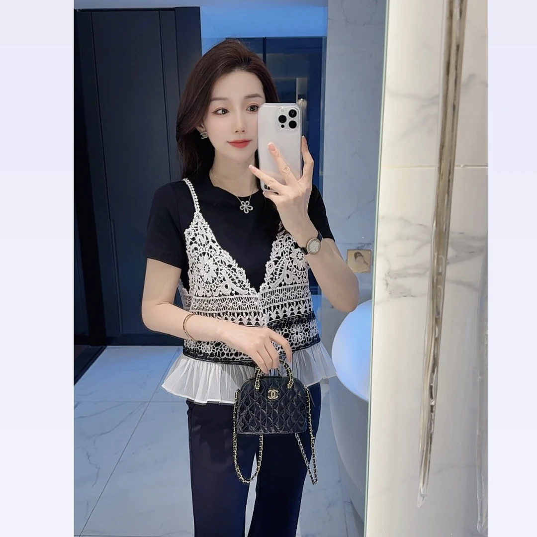 【大静静】蕾丝吊带“假两件”上衣DJJ2280