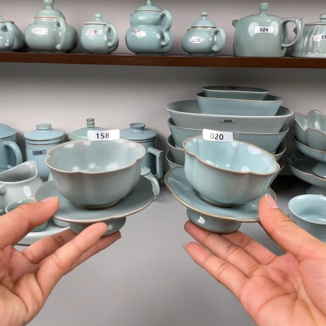 摆件陶汝瓷梅花杯套盏圈足烧仿古釉天青釉一个自行备注编号