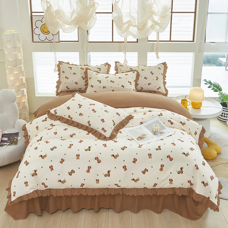 新款韩版针织双层纱床盖四件套花边被套加厚床盖床裙款床上用品