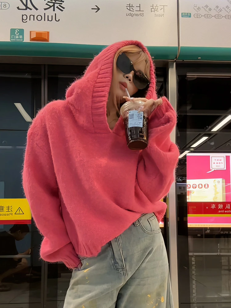 韩系粉色连帽毛衣女秋冬新款时尚百搭慵懒风宽松加厚针织衫上衣
