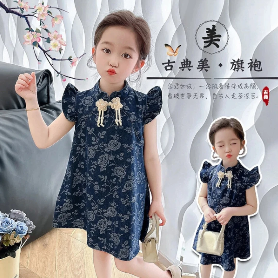 女童国风盘扣旗袍裙夏季新款复古飞袖连衣裙时髦背心裙子GC0191