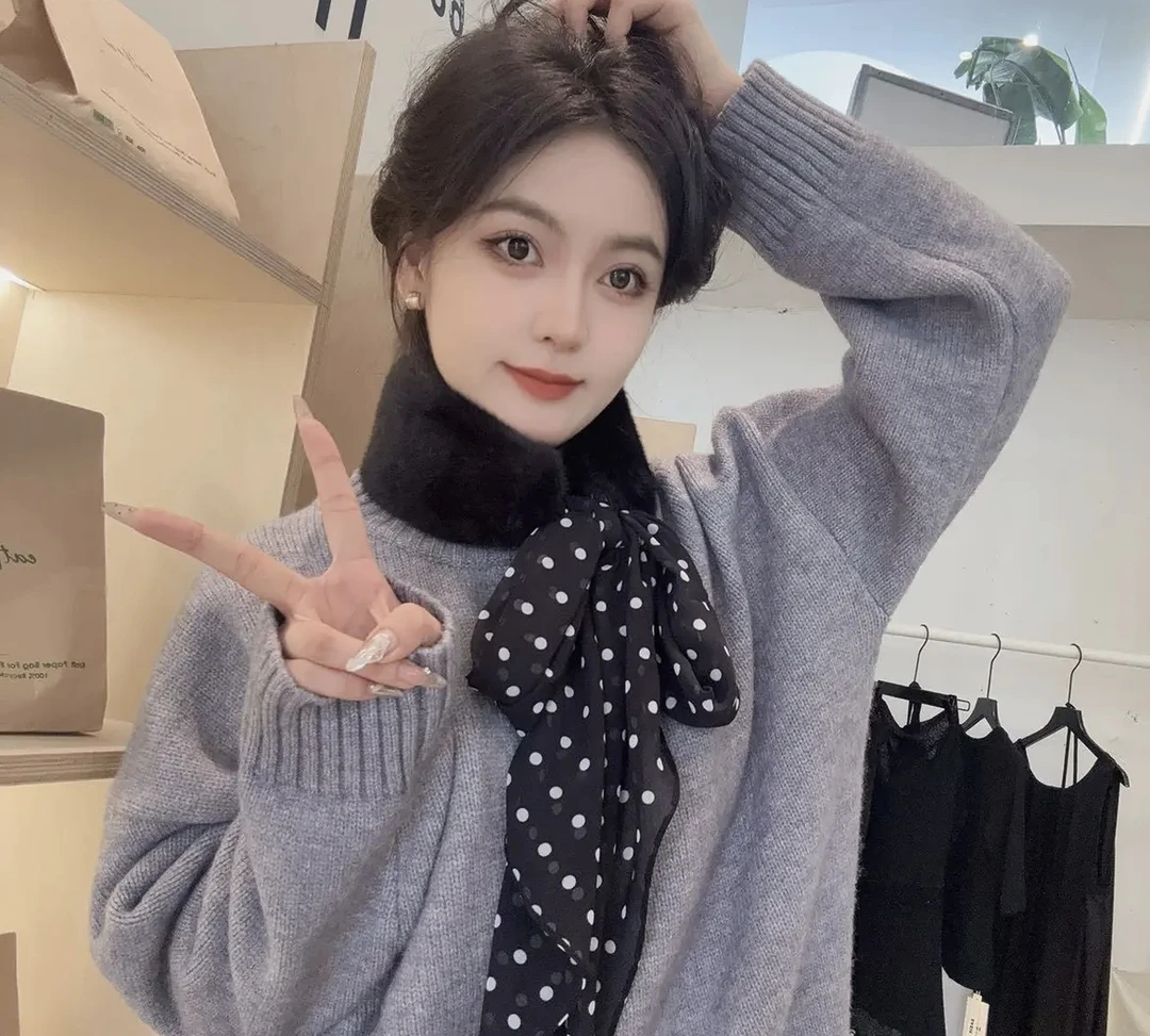 气质长款丝巾毛领围脖女新款复古拼接洋气保暖围巾冬季百搭