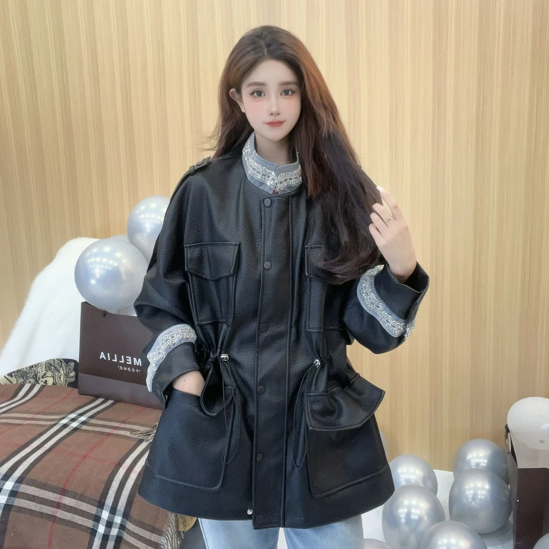 【蒂芬妮月月推荐28247】春季新品中长款带抽绳袖子领口皮衣外套女