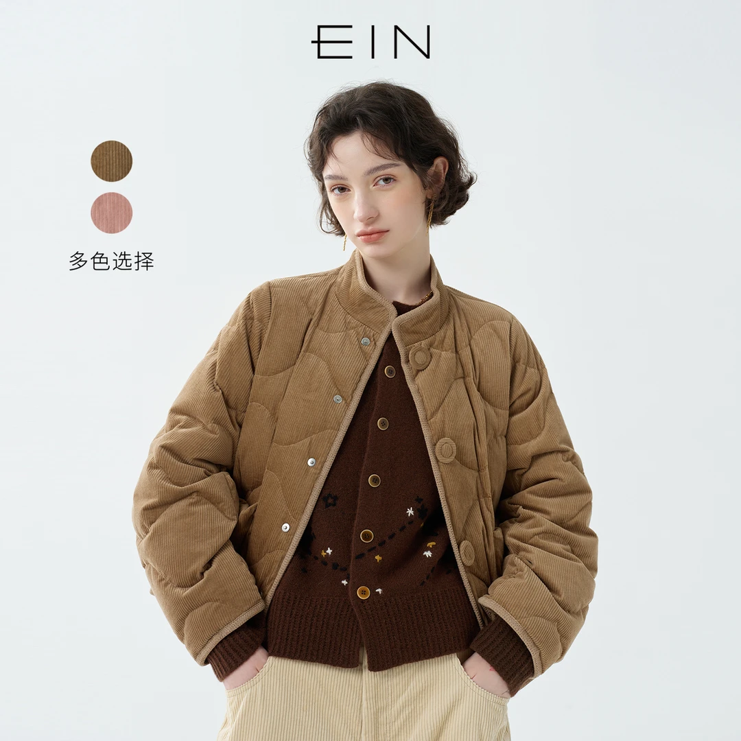 EIN/言复古灯芯绒轻暖90鸭绒撞料包边短羽绒服2025秋冬新款