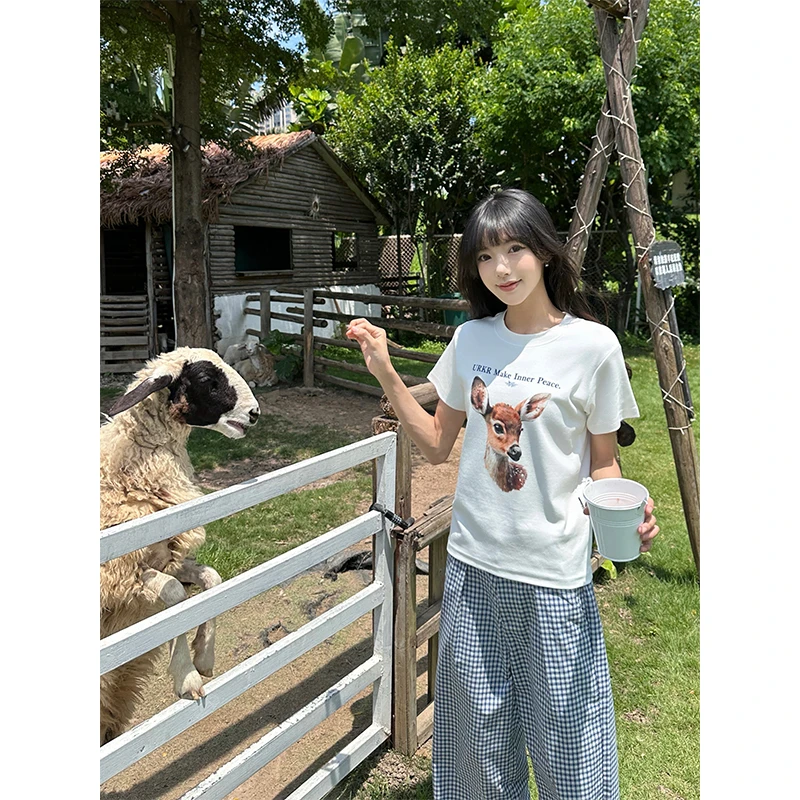 URKR美式复古梅花鹿字母印花正肩T恤女夏季新款休闲百搭短袖圆领