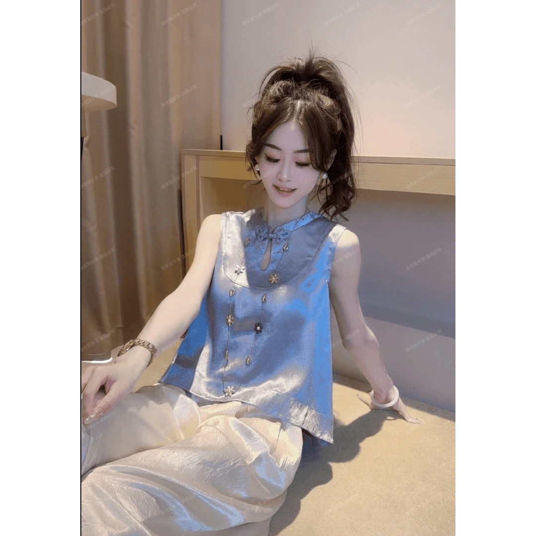2025夏季新中式国风女装超火醋酸高级感轻奢灰色薄款T恤