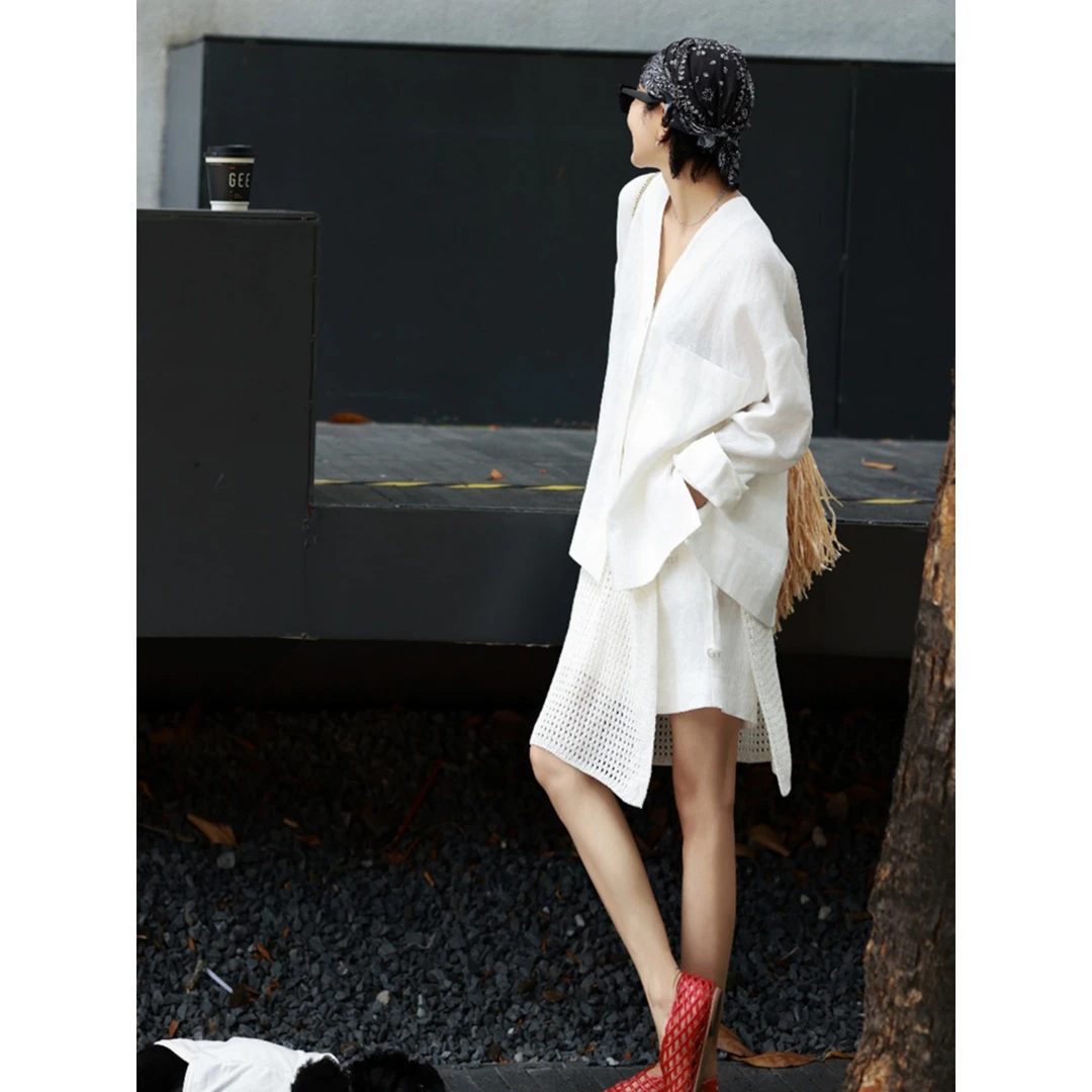 休闲亚麻防晒衬衫套装女夏季高级感运动风轻薄透气衬衣短裤两件套