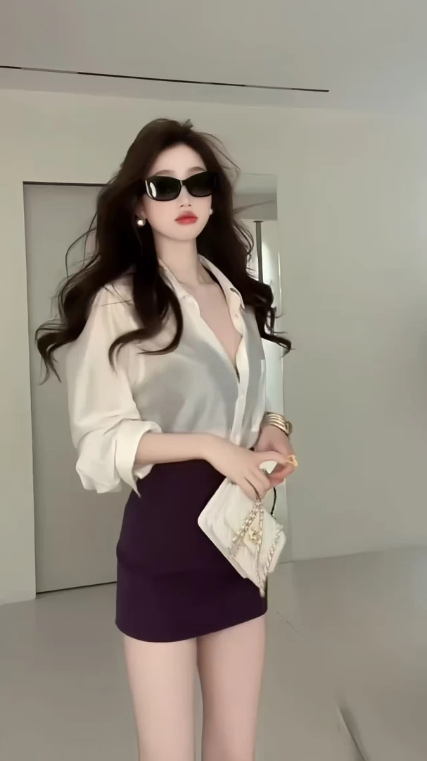法式夏季高级感轻奢减龄洋气微透短袖衬衫上衣女+高腰紫色半身裙