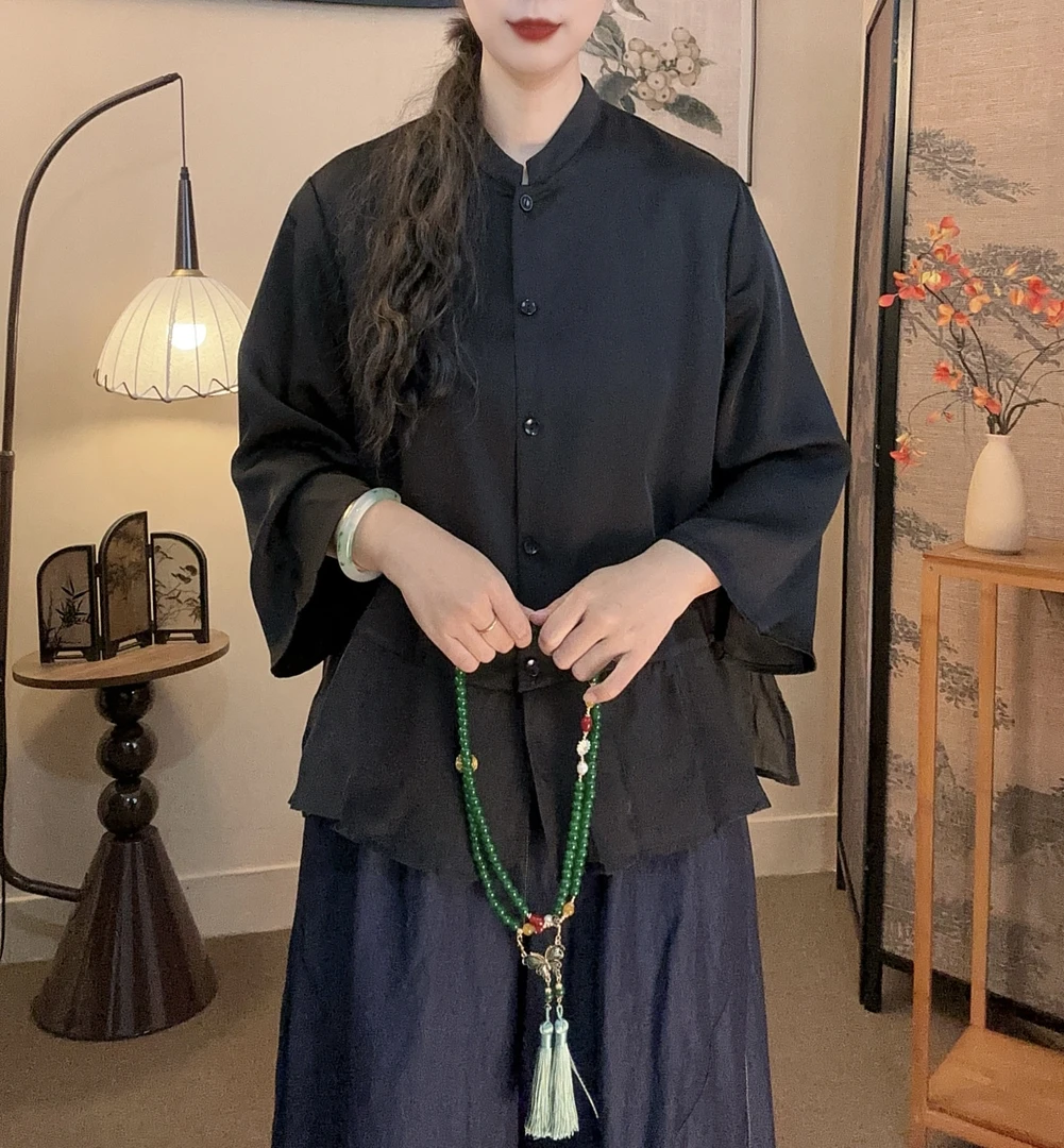 【墨玉】立领常规长分袖荷叶袖不褪色衬衫文艺复古新中式古风xm