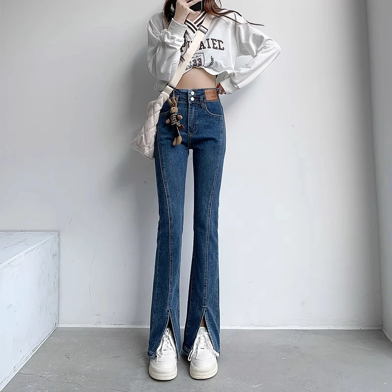 ruiliya/芮丽娅6633加长牛仔裤女高腰显瘦开叉喇叭裤修身微喇裤子