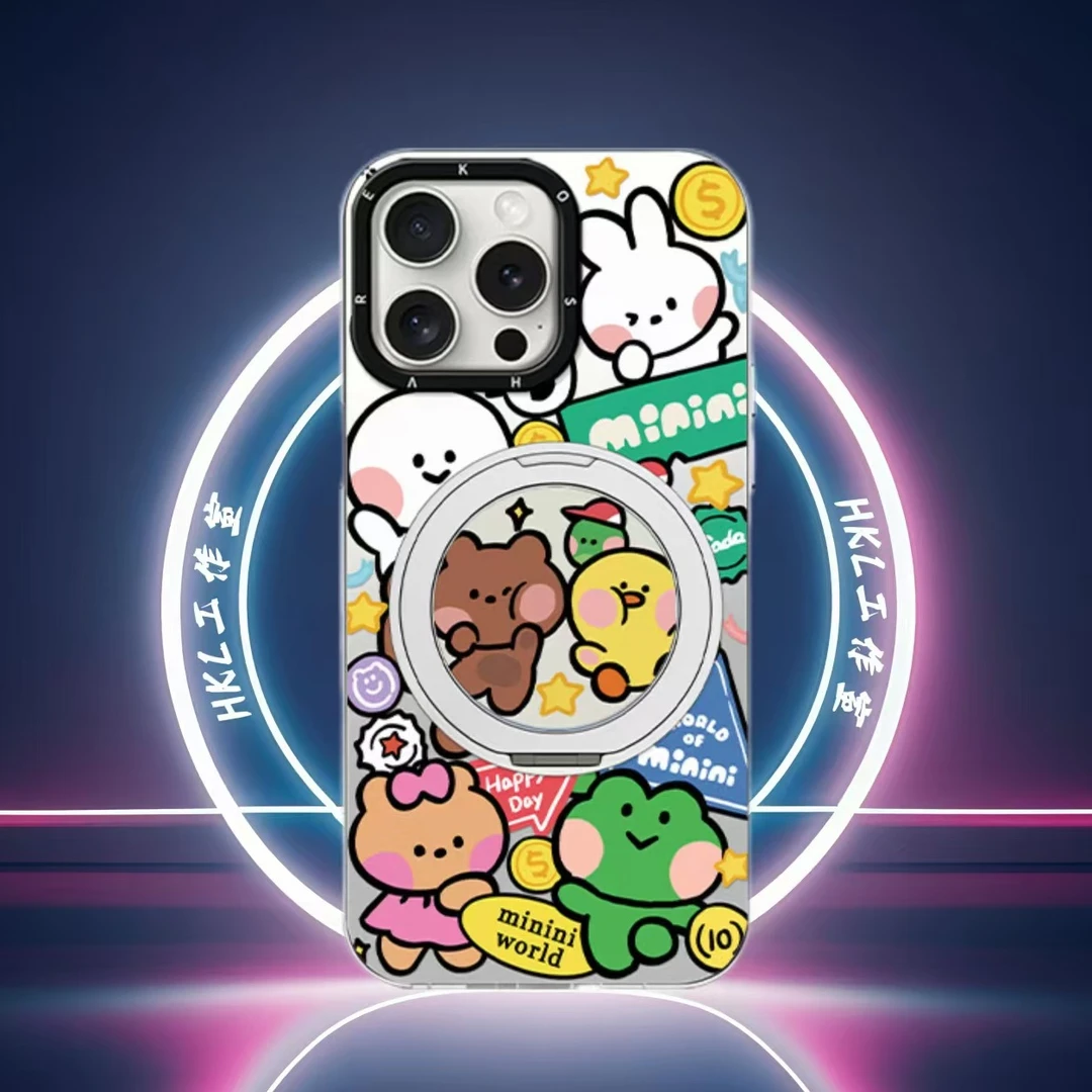 布朗熊苹果安卓手机壳新款网红iPhone16卡通可爱15pm防摔旋转支架