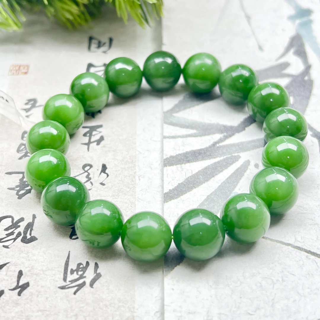 YWF370和田玉辣阳绿色手串12mm+