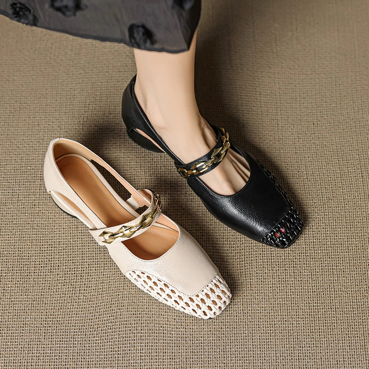 【成都●手工定制】R优雅气质复古粗跟夏季浅口透气方头低跟单鞋