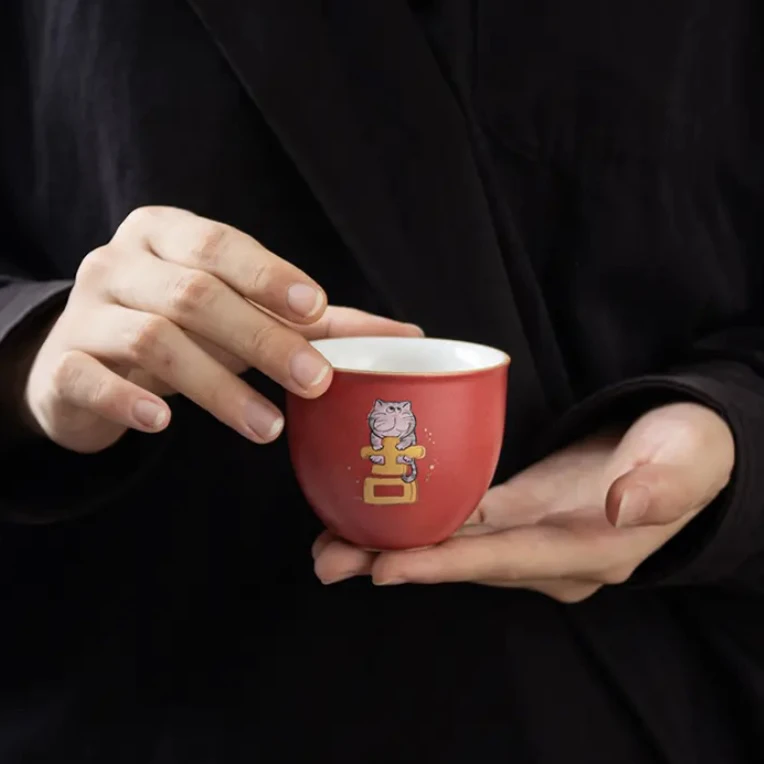 陶瓷手工猫咪茶杯日式功夫茶具品茗杯大号主人杯客人杯