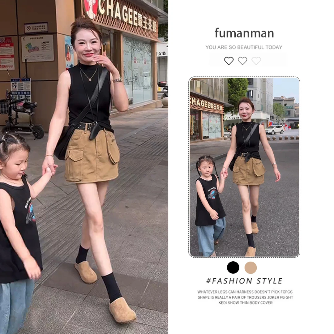 2025夏季新款高腰显瘦A字工装短裙搭慵懒风无袖圆领上衣两件套女