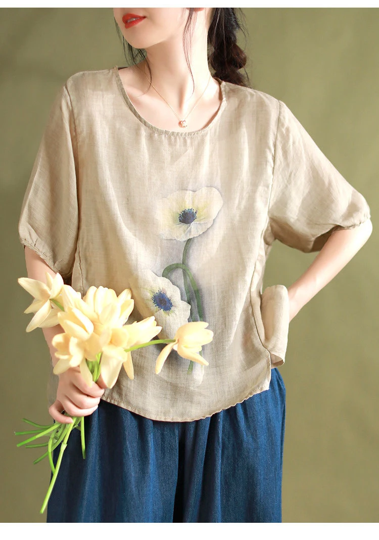 【当天发+退换包邮】2025复古新款五分袖圆领棉麻T恤女印花上衣497