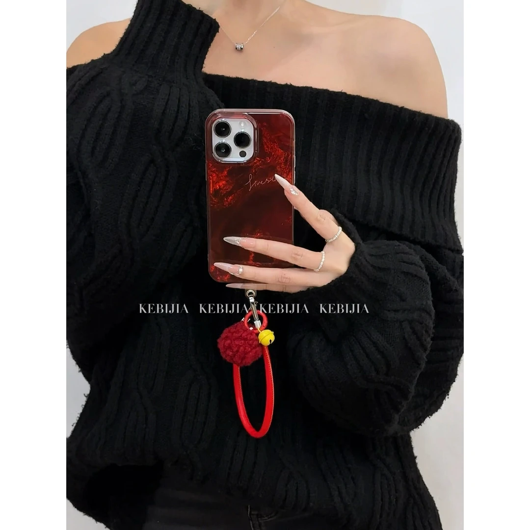 高级简约红色挂绳防摔适用于苹果16promax15/14手机壳