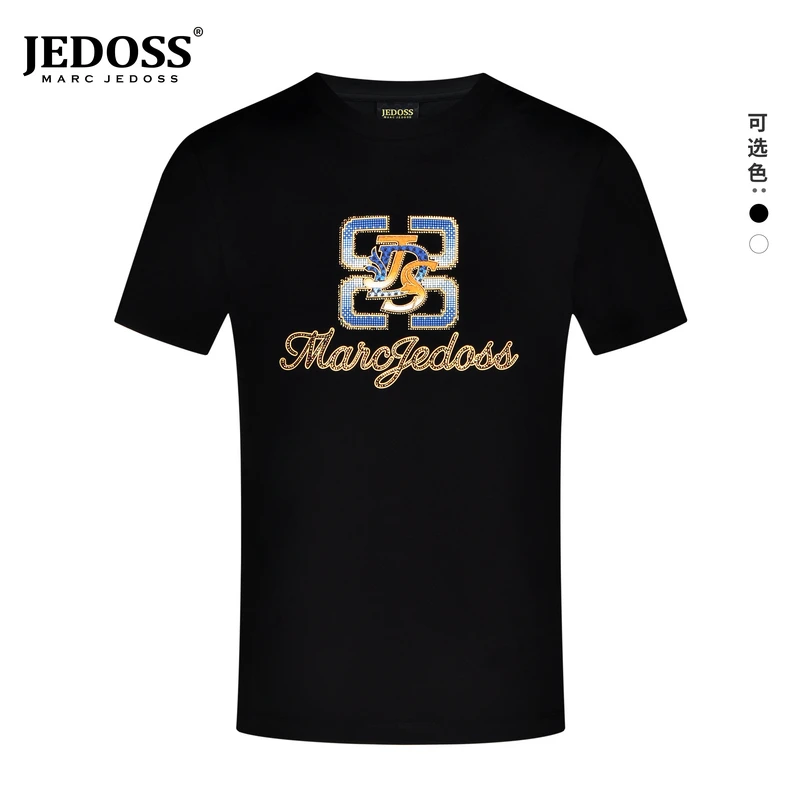JEDOSS/爵迪斯夏季短袖新款男装LOGO字母烫钻胶印圆领修身T恤035