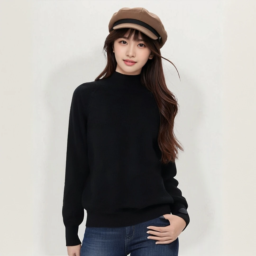 【胖老板羊绒】纯山羊绒双股加厚打底衫 半高领黑色猪鼻子百搭经典
