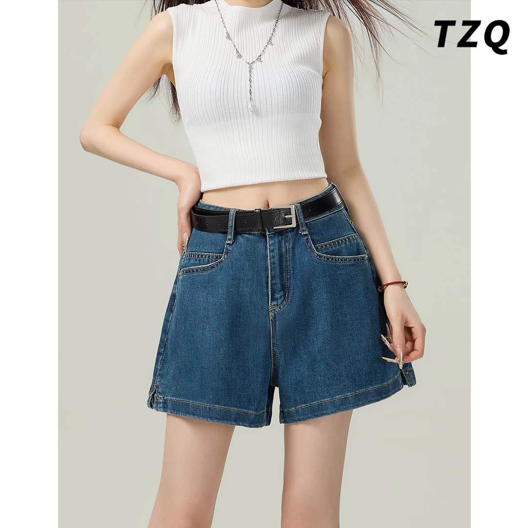 复古蓝色牛仔短裤女夏季新款小个子高腰显瘦薄款阔腿裤TZQ2541710
