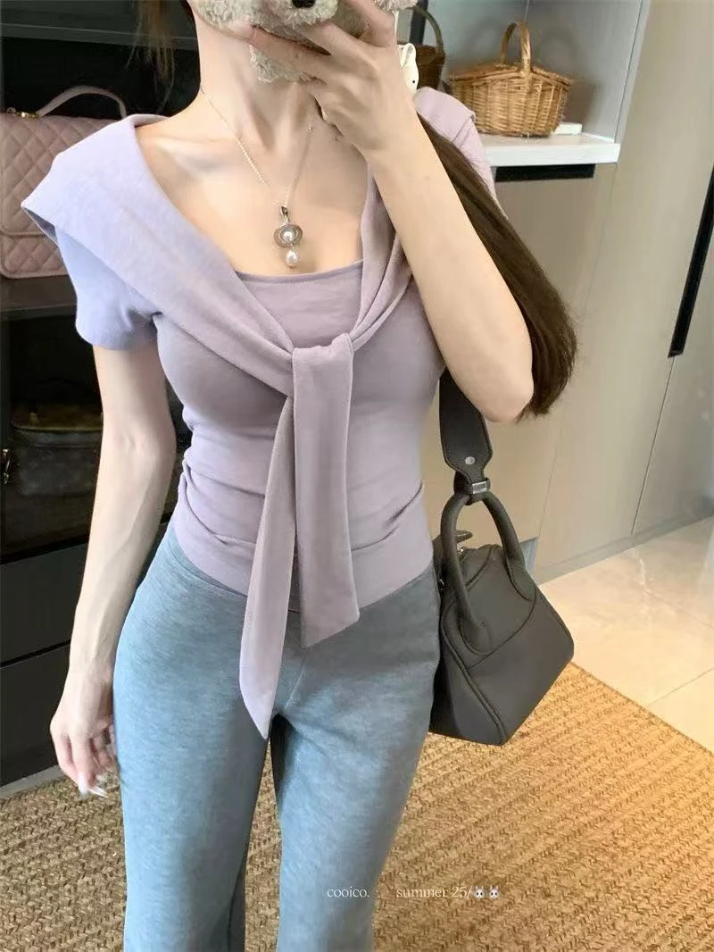 设计感紫色绑带披肩假两件方领短袖T恤女夏款修身百搭短款上衣