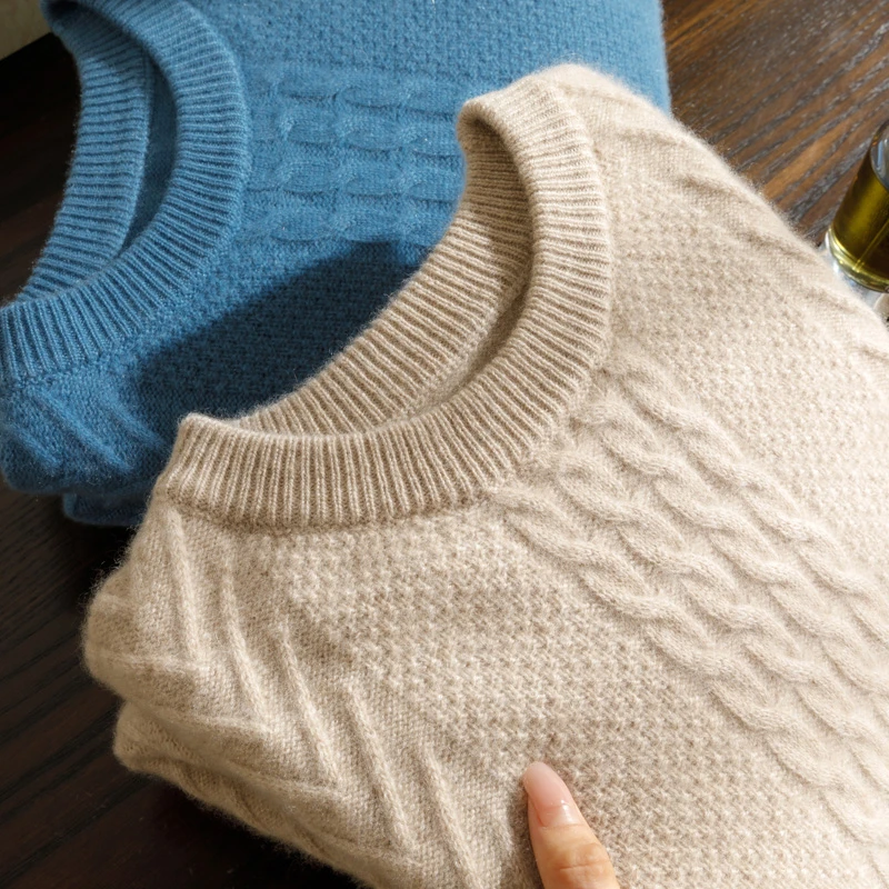 男士圆领扭花100％正品纯山羊绒衫秋冬加厚保暖休闲毛衣针织打底衫