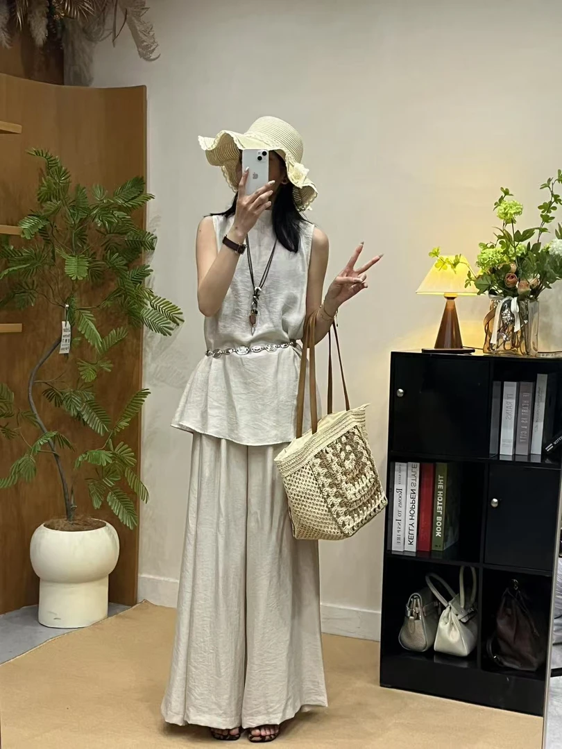 2025新款法式松弛感气质显瘦无袖上衣阔腿裤套装
