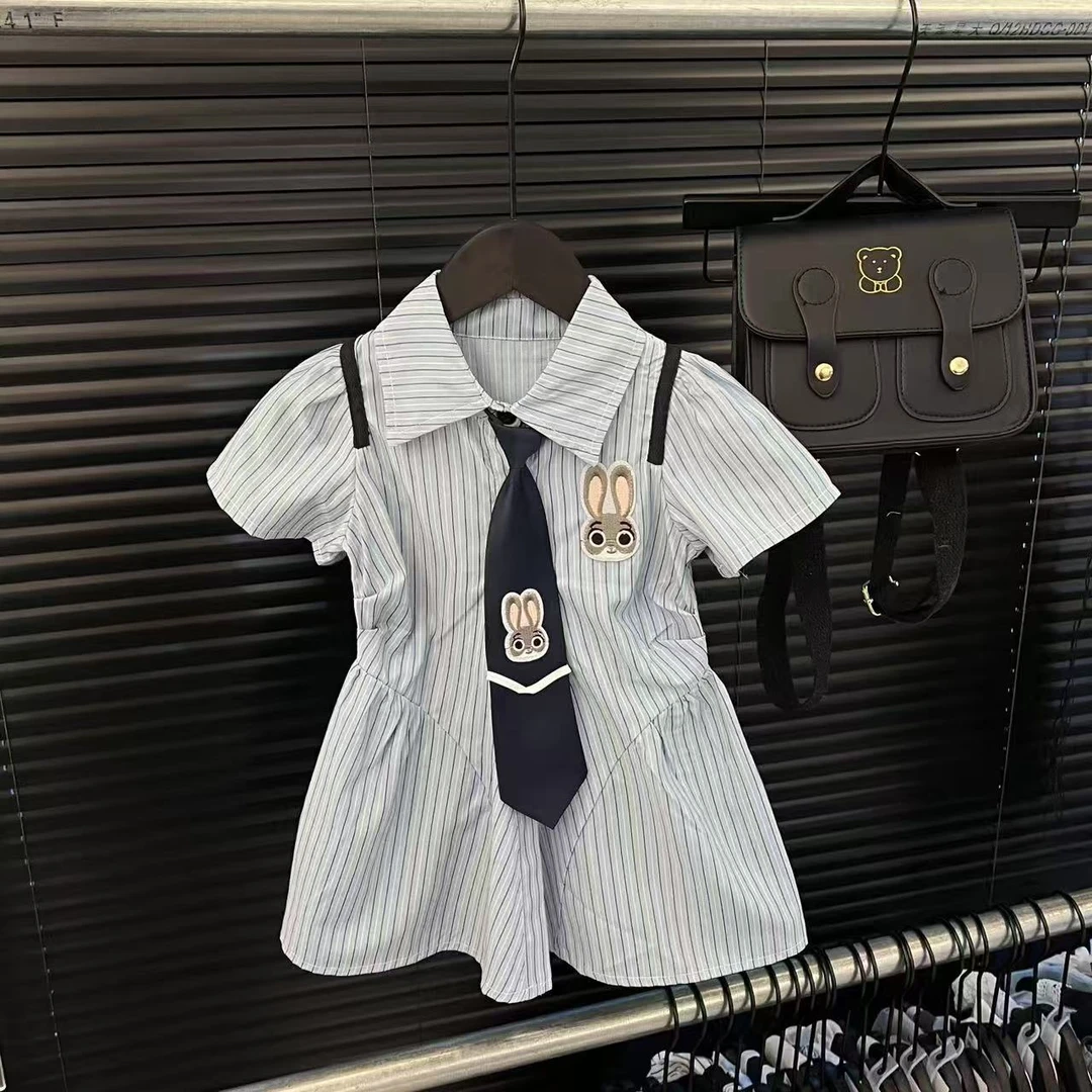 2025夏装新款女童夏季学院风兔子警官休闲蓝色条纹连衣裙