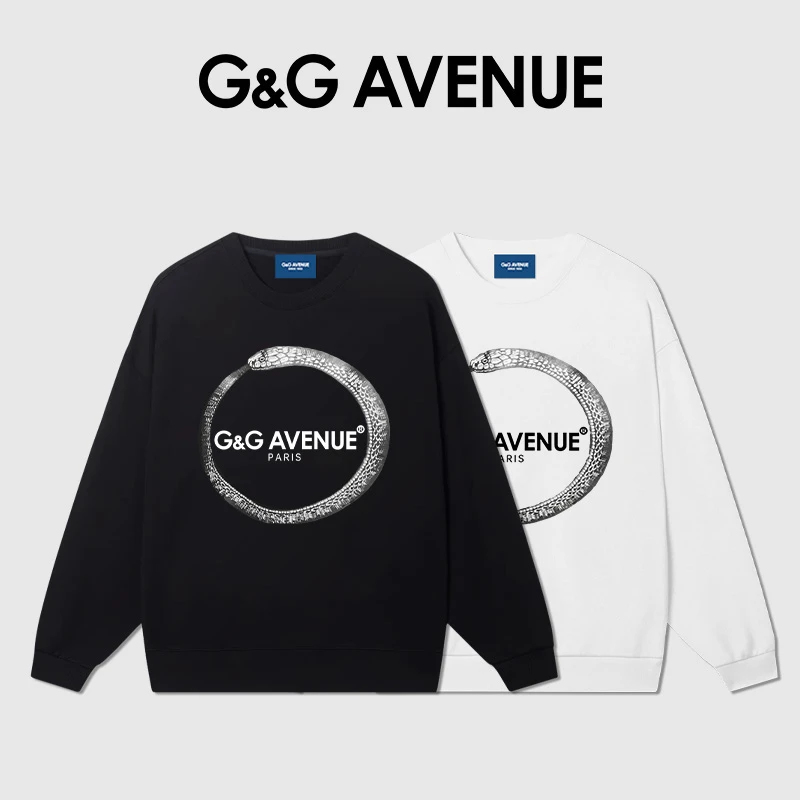 法国G&G AVENUE时尚蛇型水墨字母LOGO圆领卫衣印花长袖秋款上衣男