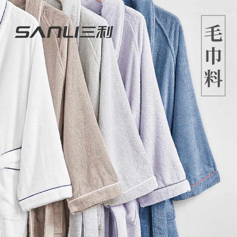 三利纯棉浴袍毛巾料四季通用男女吸水速干睡袍五星酒店纯棉浴衣全