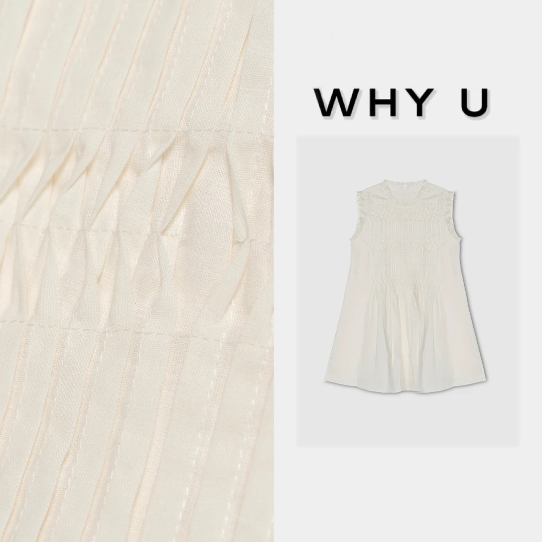 WHYU夏季新款极简风胸竖褶皱白色砍袖连衣裙【雅初】25SS