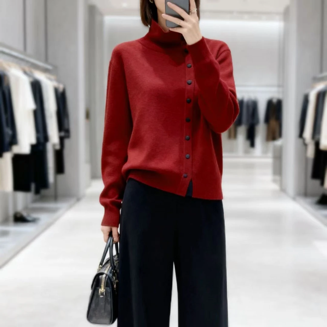 精纺羊毛！胸116-180长60包扣侧边单排扣厚毛衣针织长袖上衣 4458