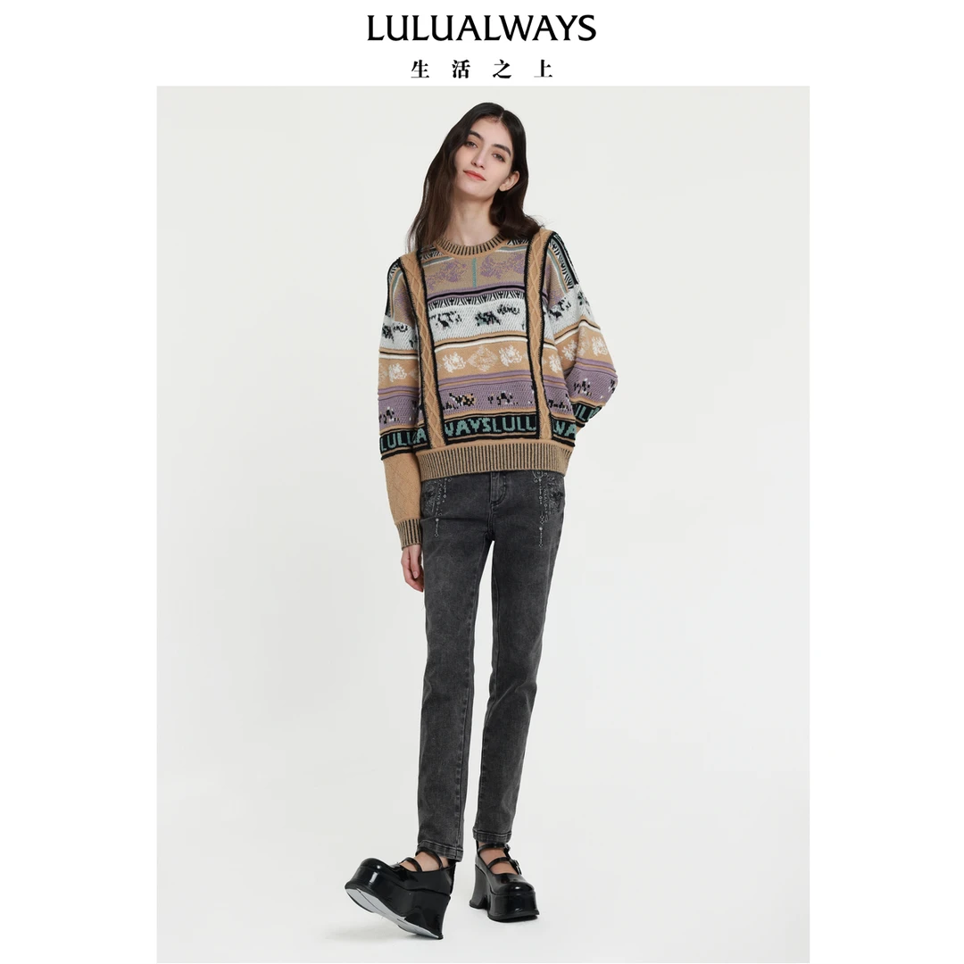 LULUALWAYS新款百搭高腰显瘦小脚裤灰色牛仔长裤LOD3012