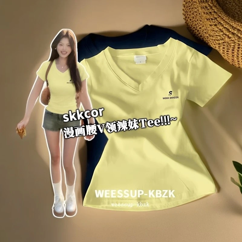 INS风V领韩版字母印花正肩短袖T恤2025夏季爆款显瘦百搭上衣女装