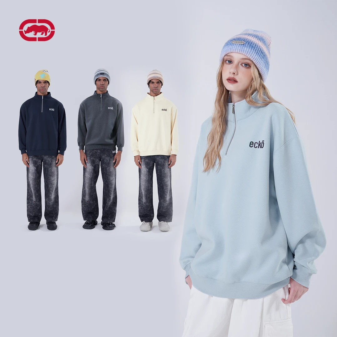 【李晨nic】Ecko新款卫衣炫彩字母变色休闲百搭半开胸上衣