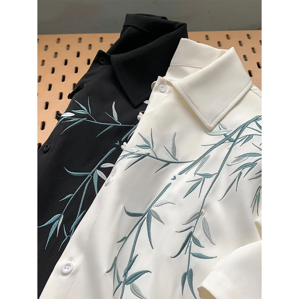 新中式轻国风冰丝竹子刺绣衬衫男装春秋古风宽松套装短袖衬衣外套