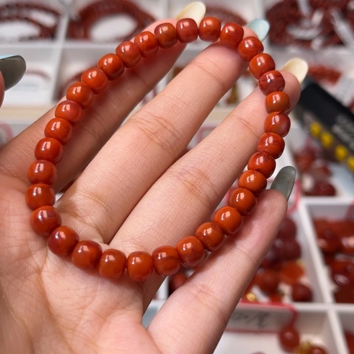 南红玛瑙未镶嵌手链柿子红玫红6.5+mm老型