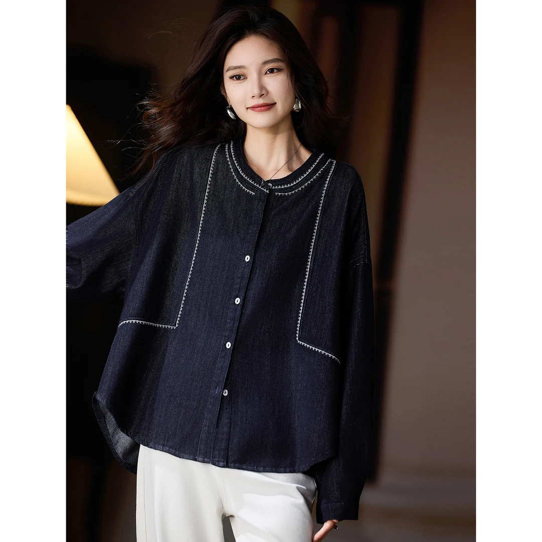 DUCURNO洋气撞色刺绣牛仔外套女秋季2025新款复古大码宽松上衣潮