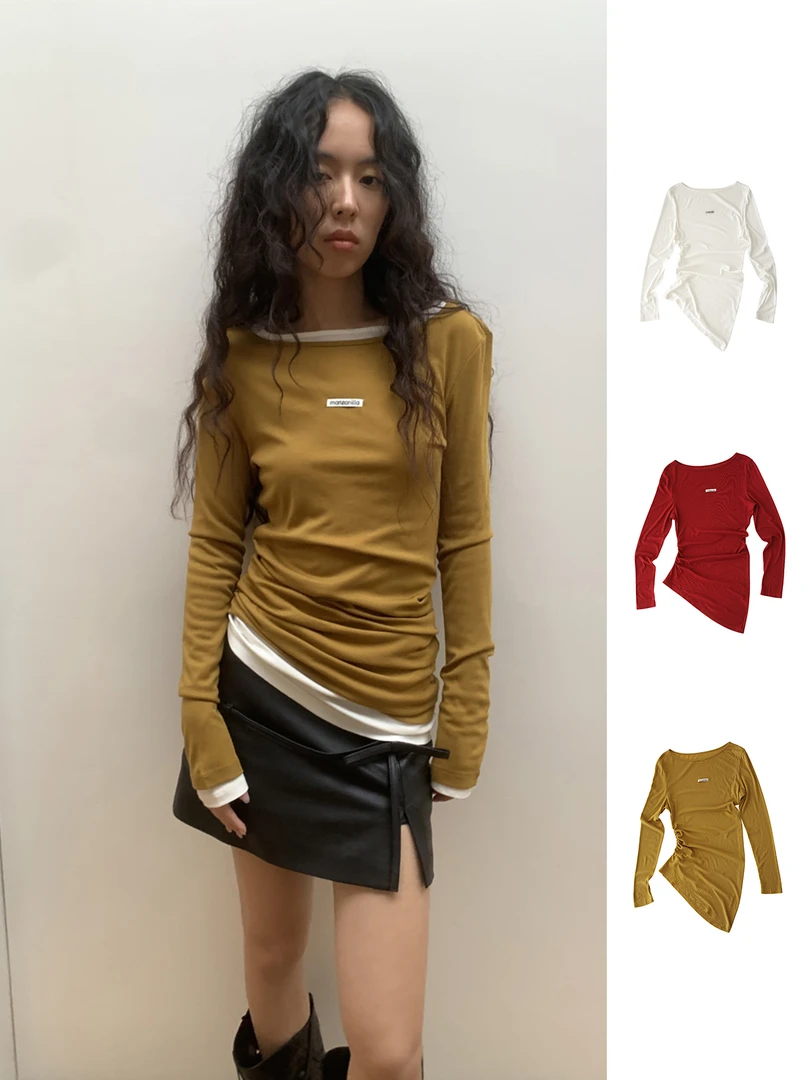 MANZANILLA设计师品牌捏褶斜摆长袖T恤女(no退，支持换款换码）