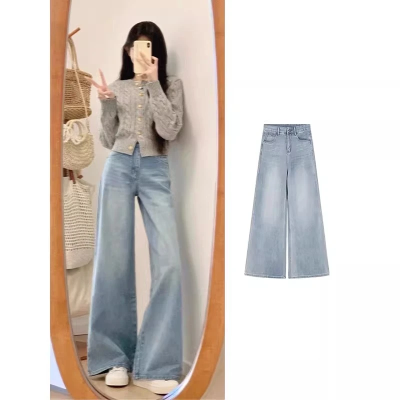 雪千羽法式浅色a字牛仔裤女夏季小个子高腰大喇叭直筒阔腿裤子春