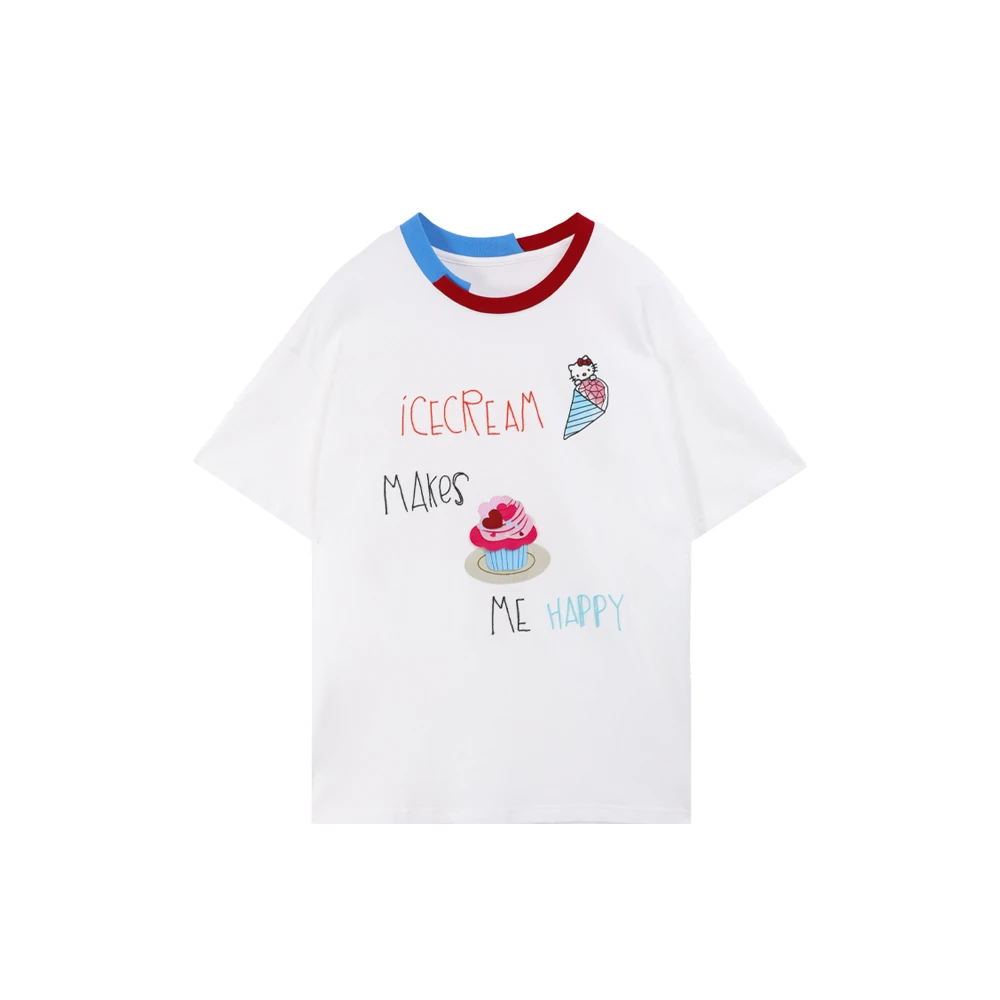 RATX63092撞色圆领卡通刺绣T恤韩版宽松简约百搭上衣女