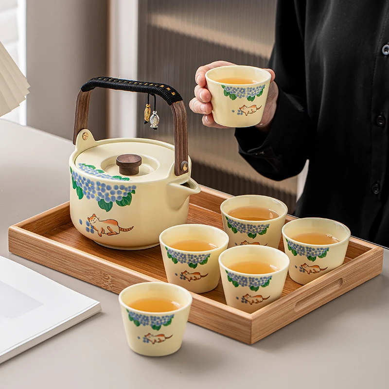 汝窑提梁壶家用陶瓷茶具套装中式防烫复古泡茶壶茶杯功夫茶具套装